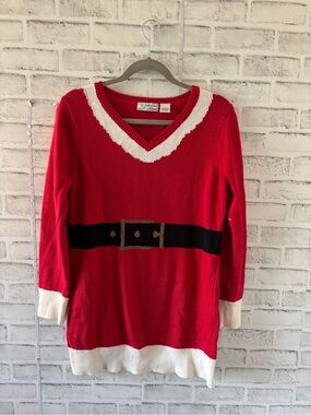Festive Red V-Neck Sweater with Belt Motif